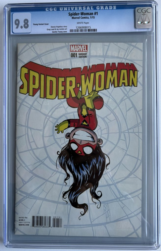 Spider-Woman #1 CGC 9.8 White Pages (2015) Skottie Young Variant Cover | Marvel Comics | Dennis Hopeless