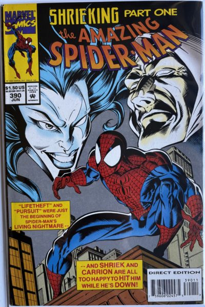 The Amazing Spider-Man #390 - 1994 - Marvel Comics - Shriek & Carrion - Shrieking Part 1 - Mark Bagley Cover - Direct Edition