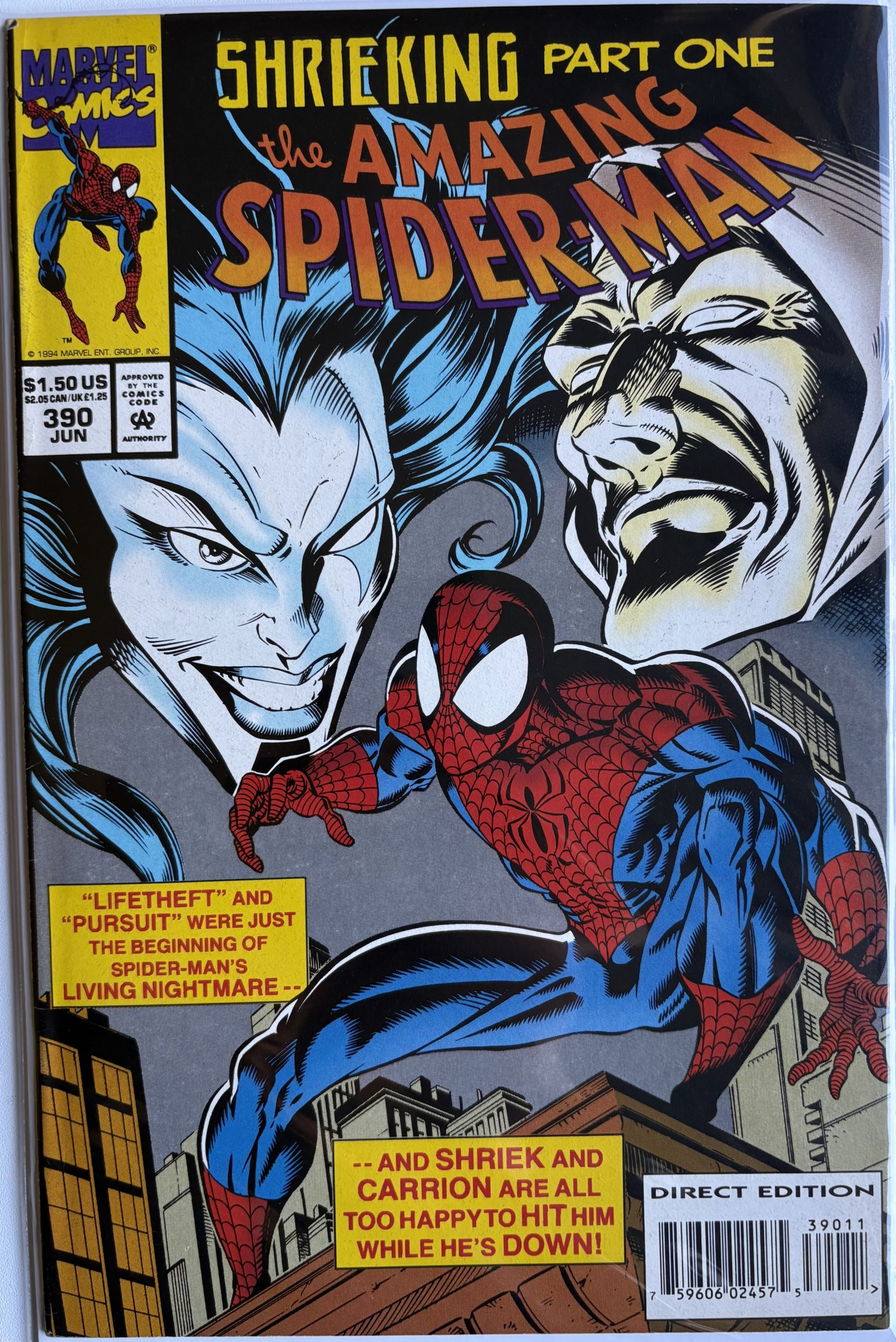 The Amazing Spider-Man #390 - 1994 - Marvel Comics - Shriek & Carrion - Shrieking Part 1 - Mark Bagley Cover - Direct Edition