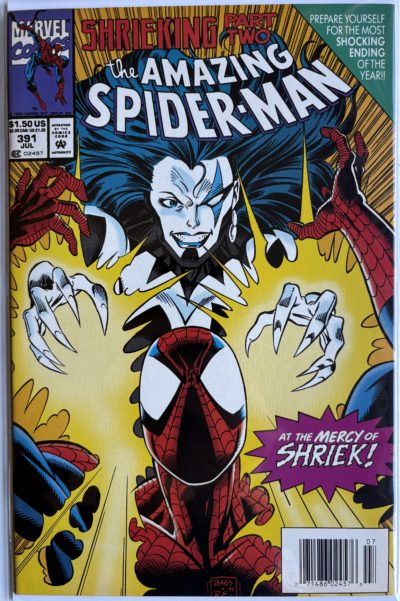 The Amazing Spider-Man #391 - 1994 - Marvel Comics - Shriek Cover - Shrieking Part 2 - Mark Bagley Art - Newsstand Edition
