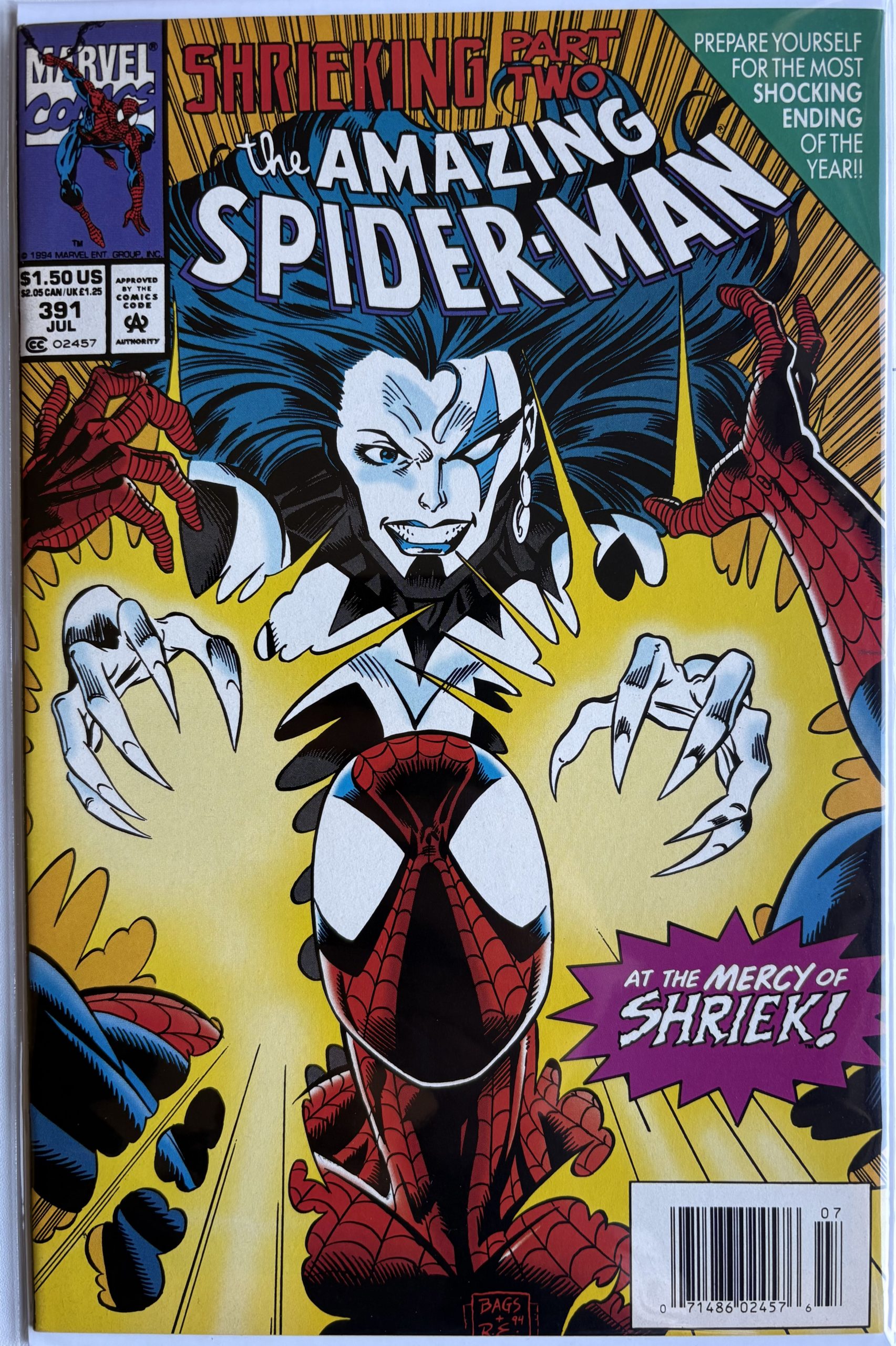 The Amazing Spider-Man #391 - 1994 - Marvel Comics - Shriek Cover - Shrieking Part 2 - Mark Bagley Art - Newsstand Edition