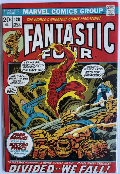 Fantastic Four #128 - 1972 - Marvel Comics - Mole Man Appearance - Human Torch vs The Thing - Jack Kirby Cover
