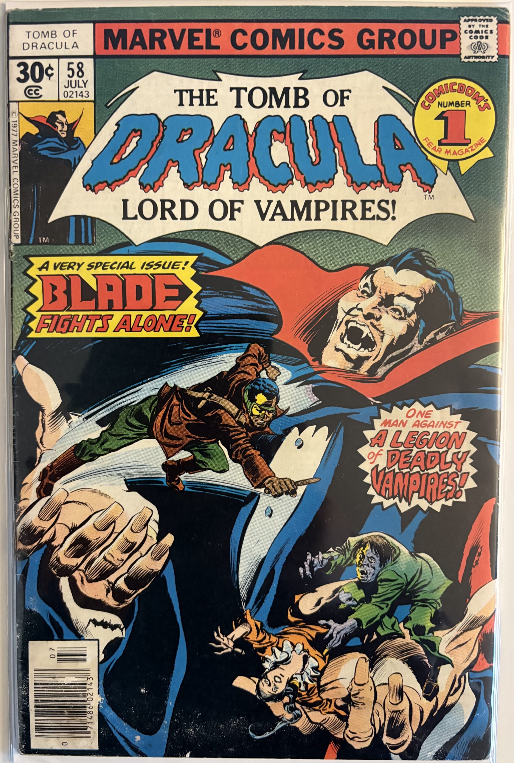 The Tomb of Dracula #58 - 1977 - Marvel Comics - Blade the Vampire Hunter - Dracula Cover - Gene Colan Art - Bronze Age Newsstand Edition